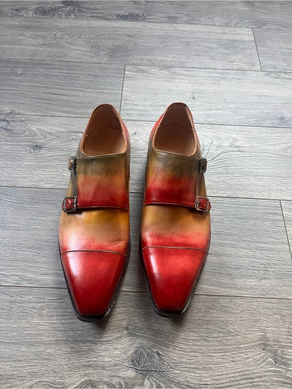 Men's Two-Tone Red Gradient Double Monk Strap Dress Shoes